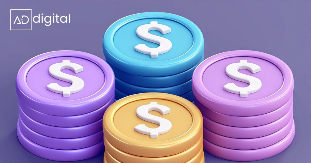 Pilas de monedas de colores con el símbolo del dólar y el logo de Adri Digital